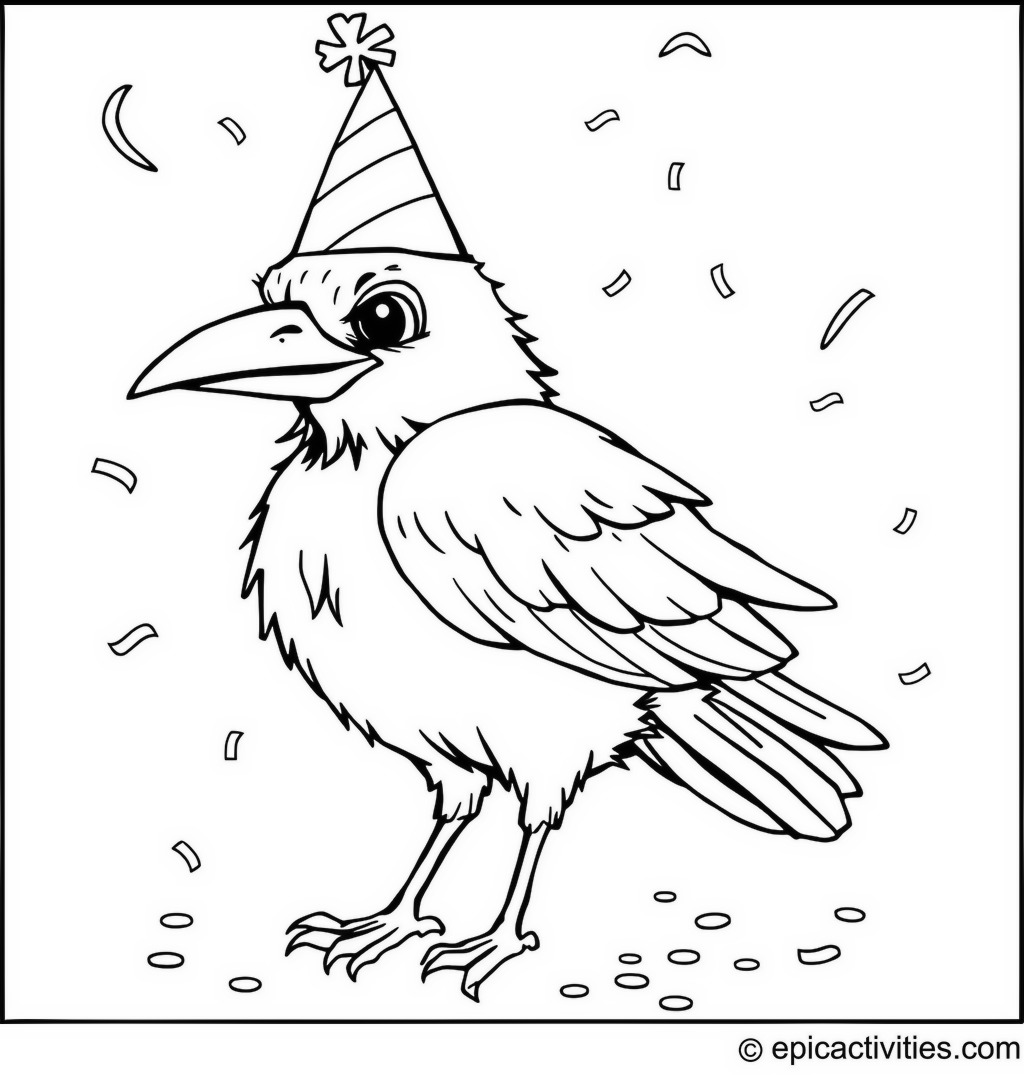 Coloring page of a Raven Celebrating a Birthday with a Party Hat and Confetti
