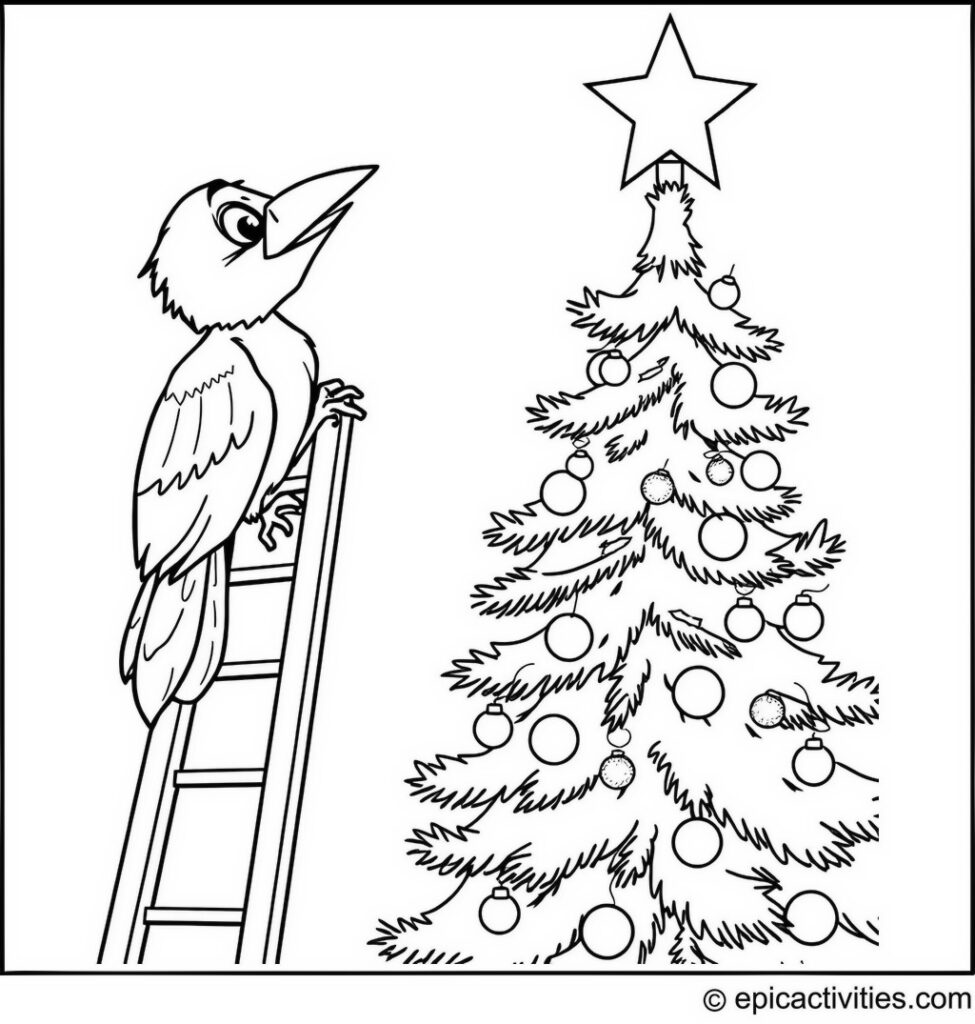 Coloring page of a Raven Climbing a Ladder to Place a Star on a Christmas Tree