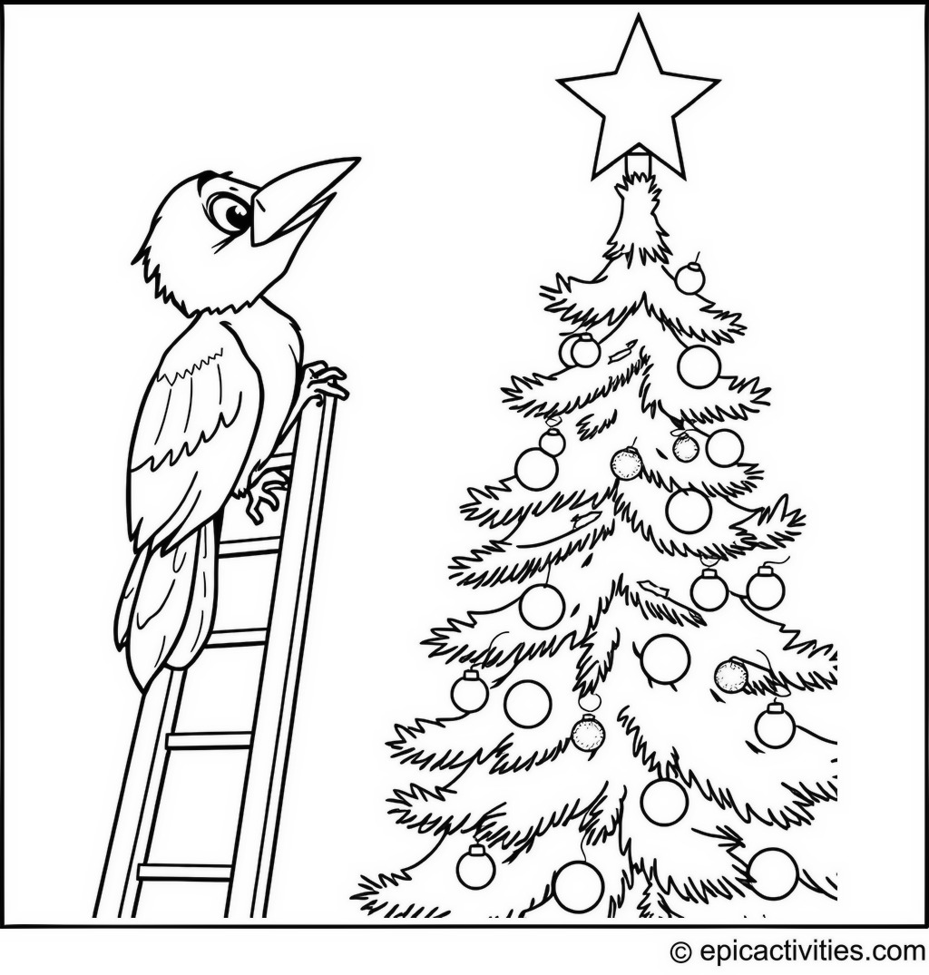 Coloring page of a Raven Climbing a Ladder to Place a Star on a Christmas Tree
