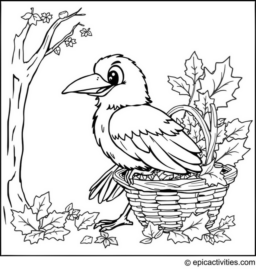 Coloring page of a Raven Collecting Autumn Leaves