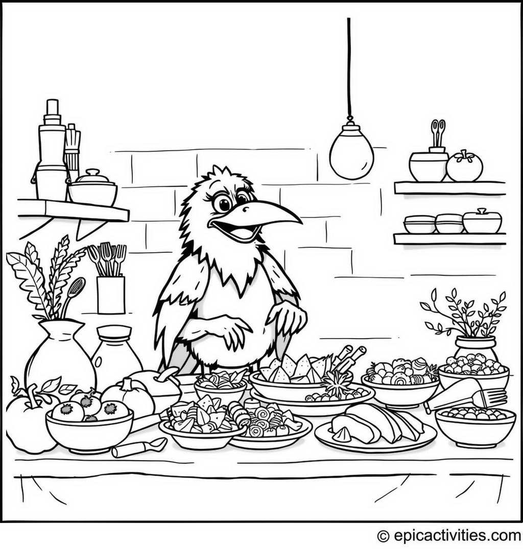 Coloring page of a Raven Cooking Feast
