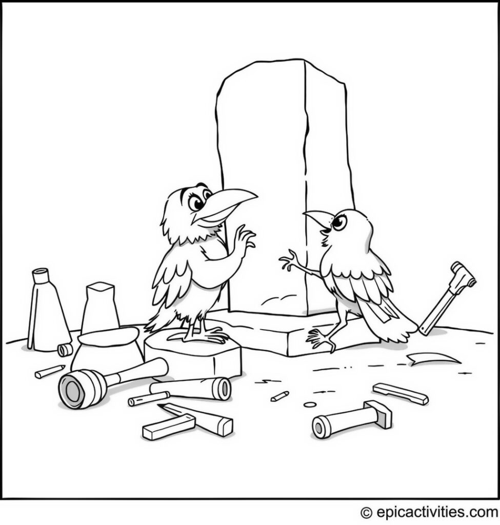 Coloring page of a Raven Creating Ice Sculpture