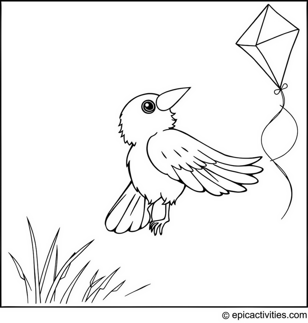 Coloring page of a Raven Flying a Butterfly Kite