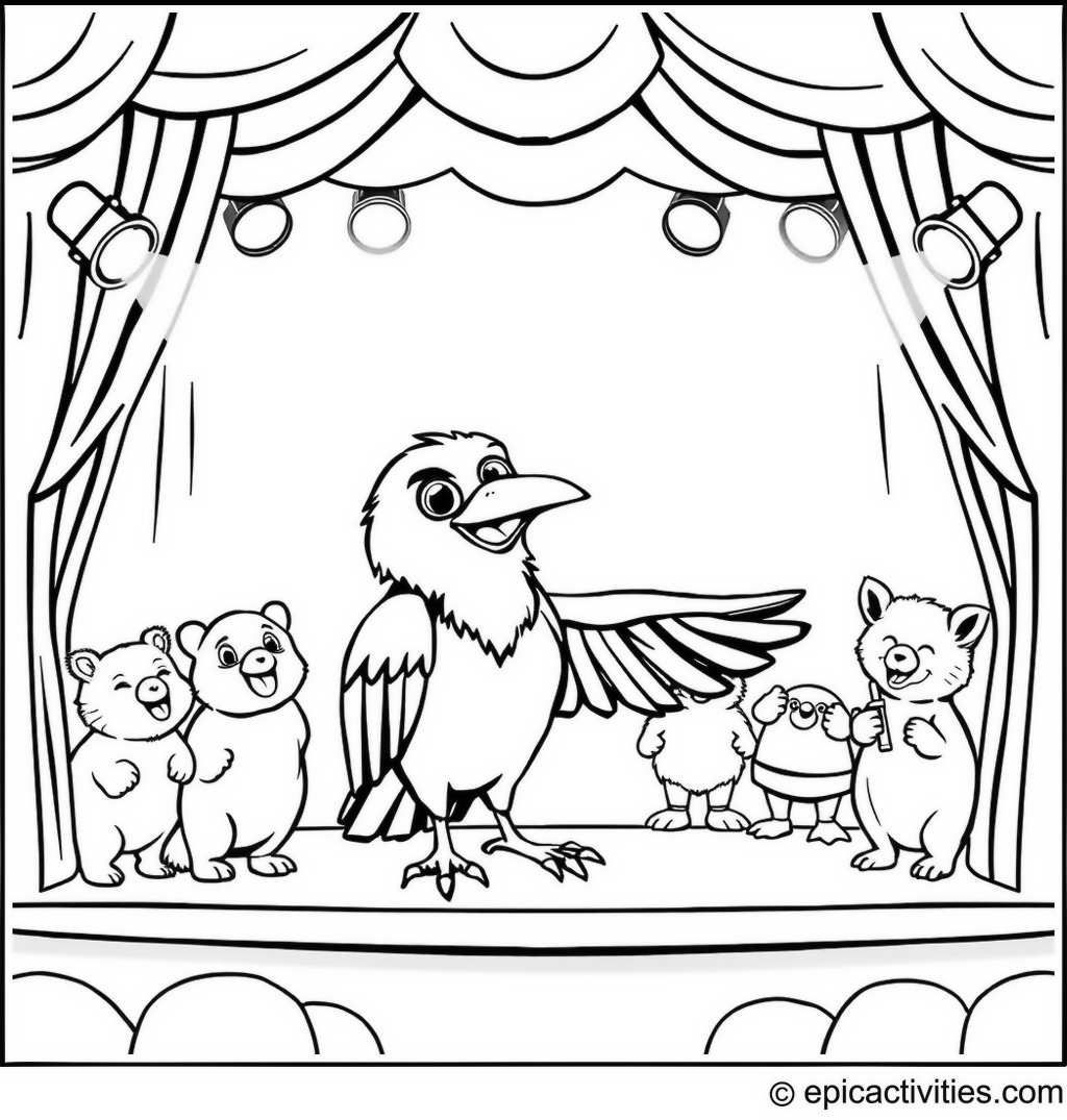 Coloring page of a Raven Hosting a Talent Show