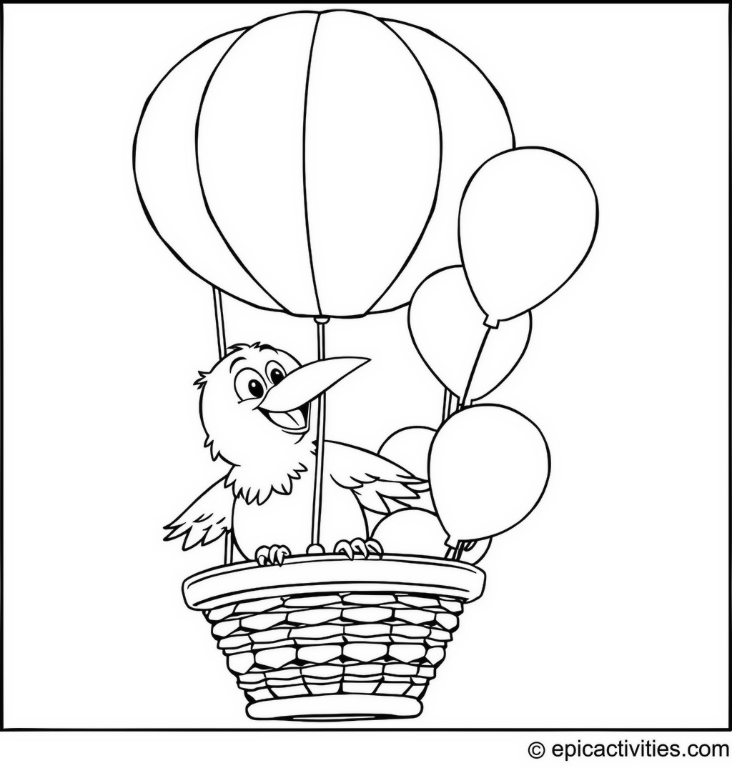 Coloring page of a Raven in a Hot Air Balloon