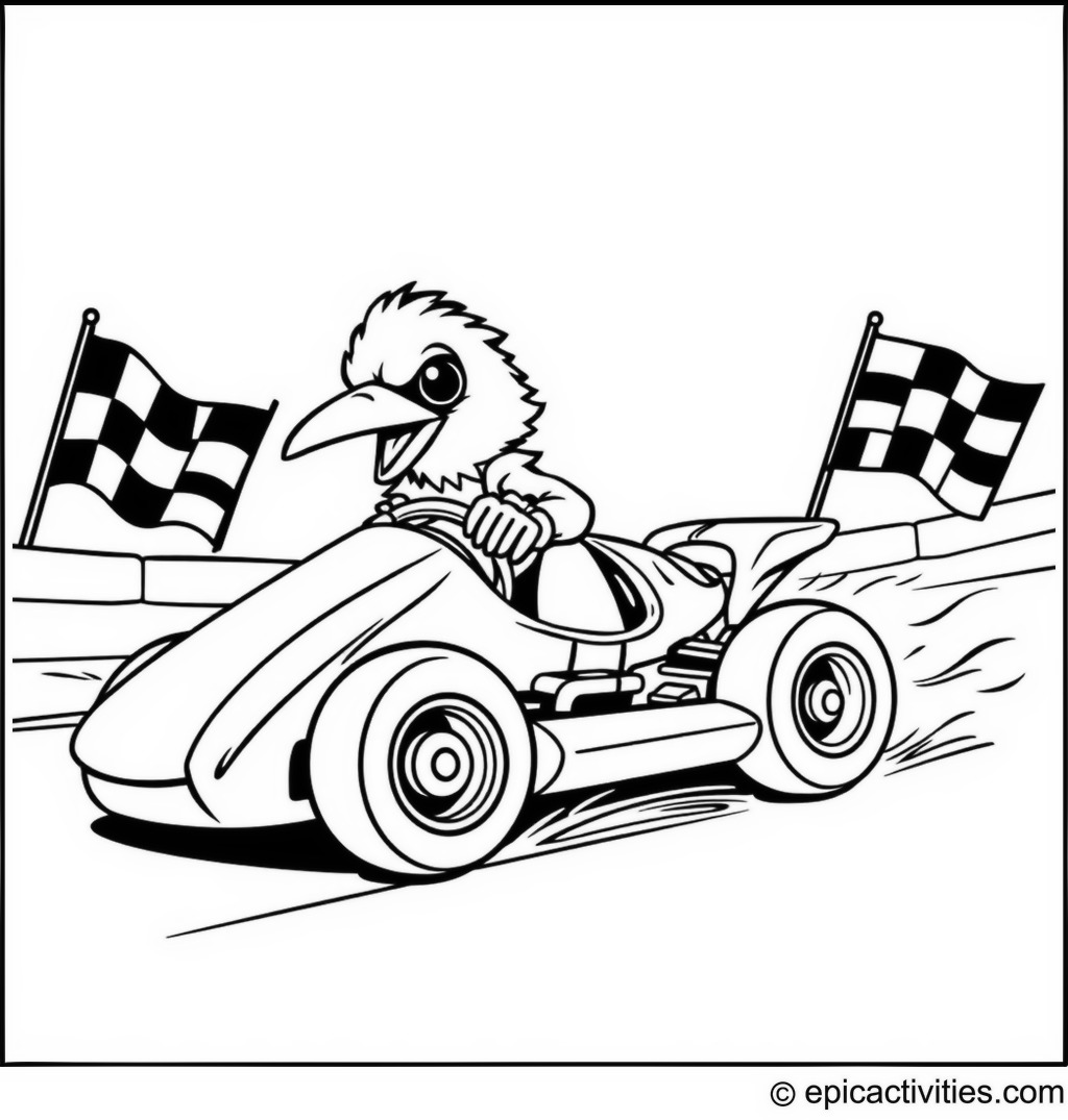 Coloring page of a Raven in a Race Car