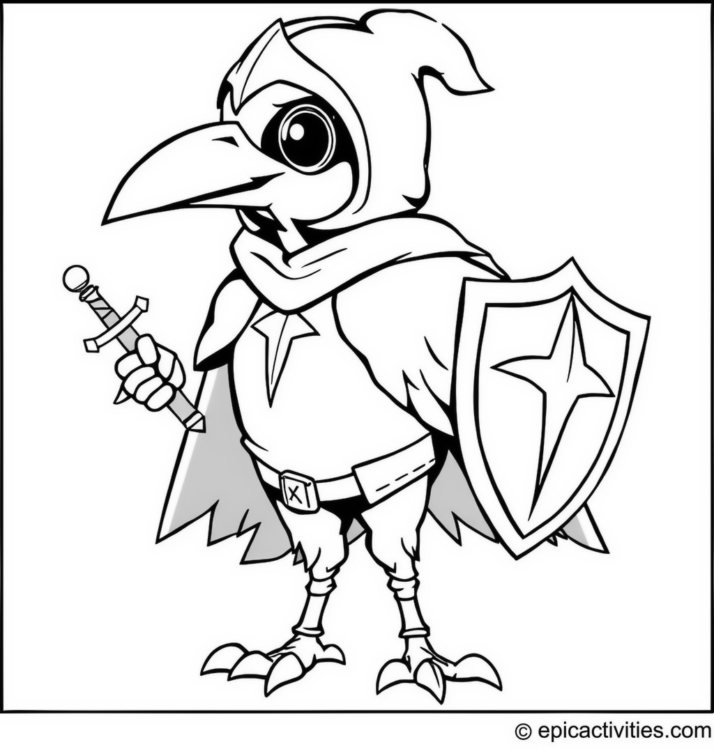 Coloring page of a Raven Knight with Shield and Sword