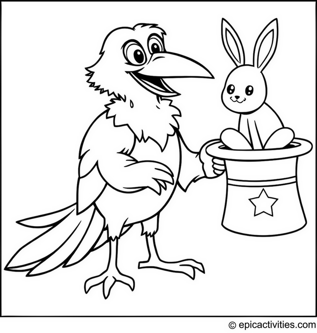 Coloring page of a Raven Magician with a Top Hat and Bunny Trick