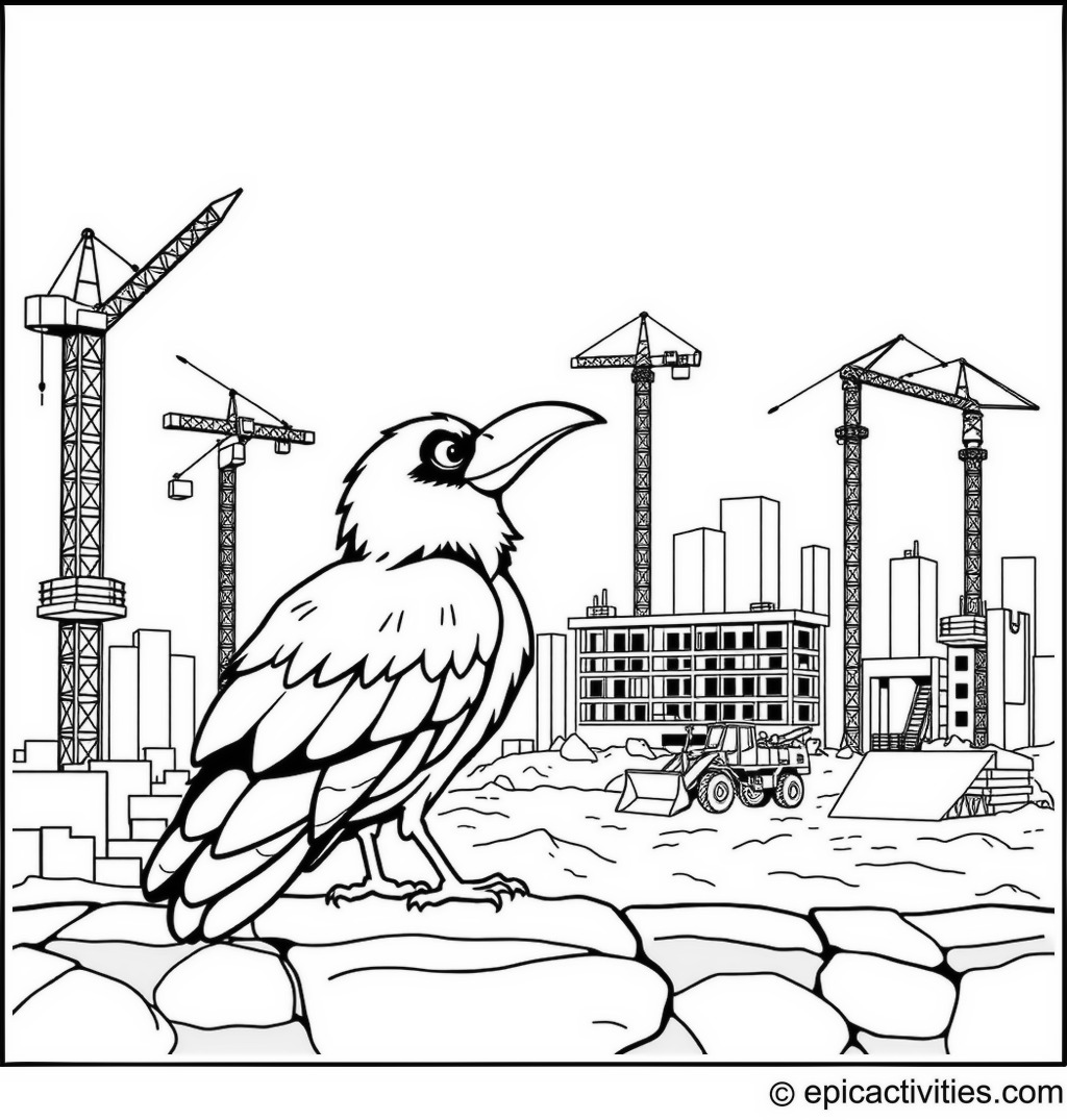 Coloring page of a Raven overseeing a Construction Site
