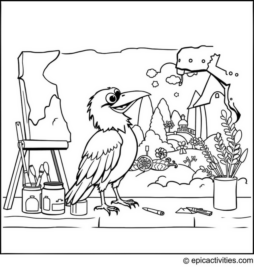 Coloring page of a Raven Painting a Mural