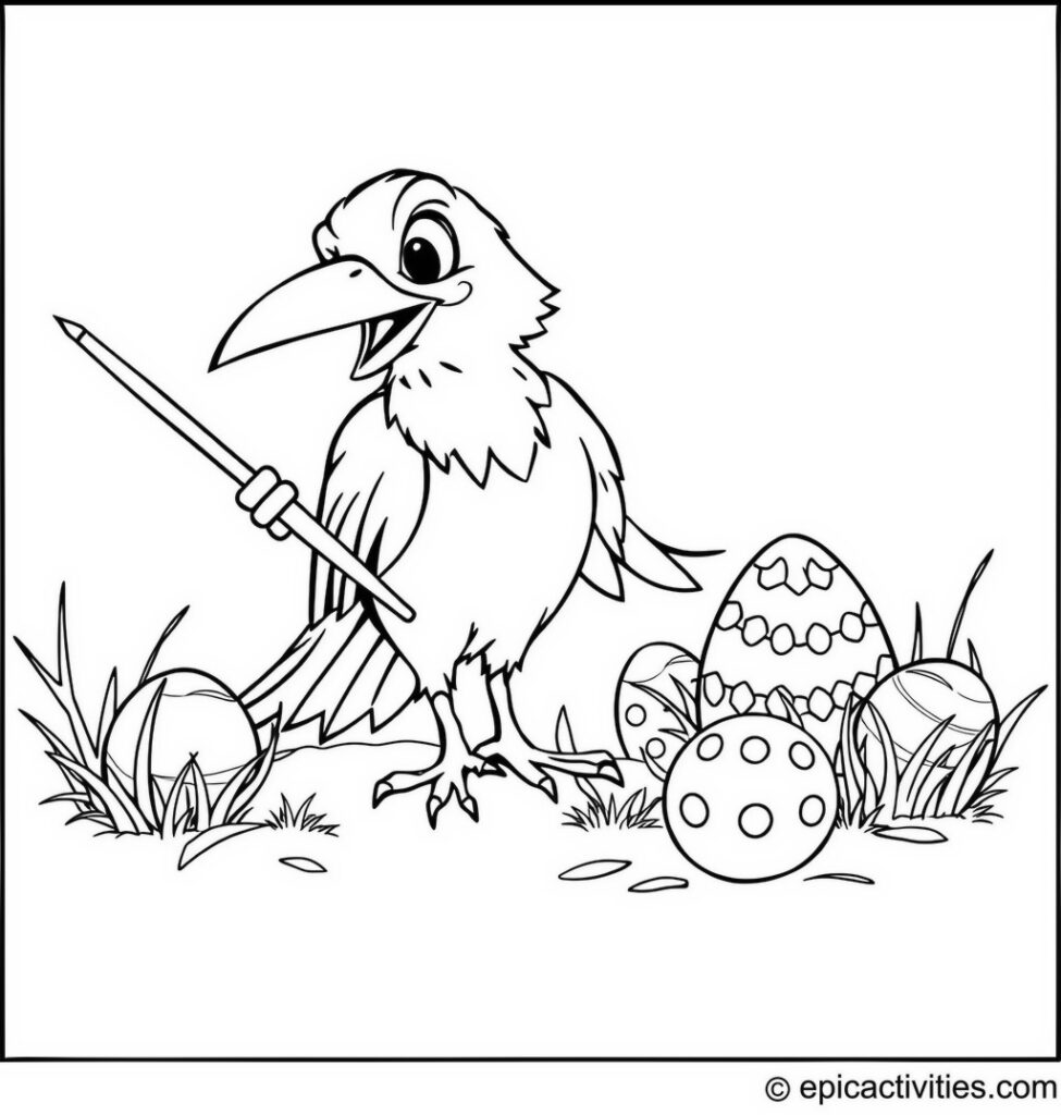 Coloring page of a Raven Painting Easter Eggs