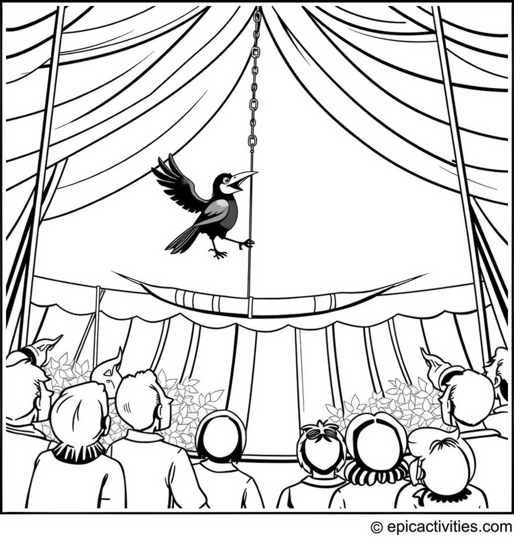 Coloring page of a Raven Performing on a Trapeze in a Circus Tent