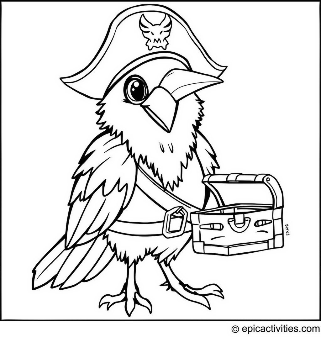 Coloring page of a Raven Pirate with a Tiny Treasure Chest