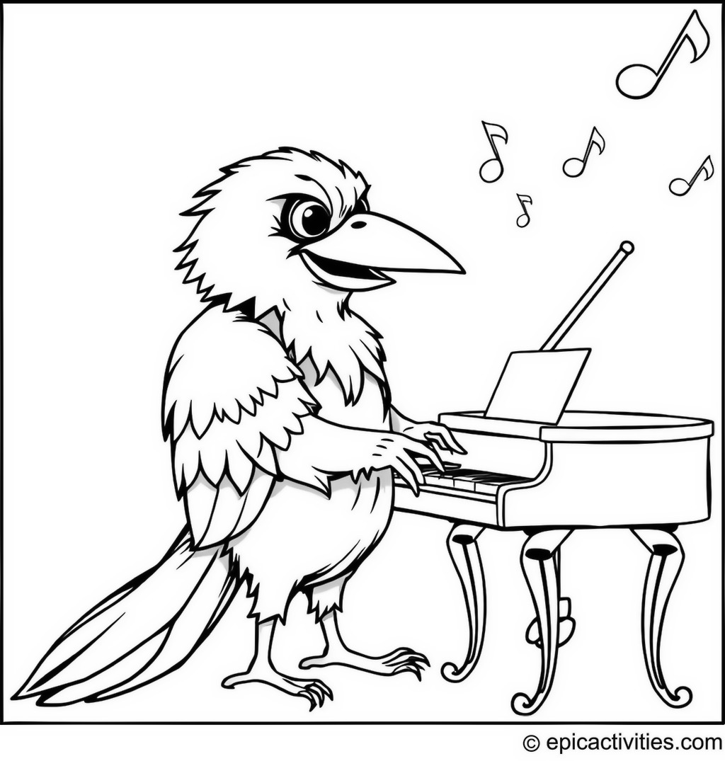 Coloring page of a Raven Playing a Tiny Grand Piano with Music Notes