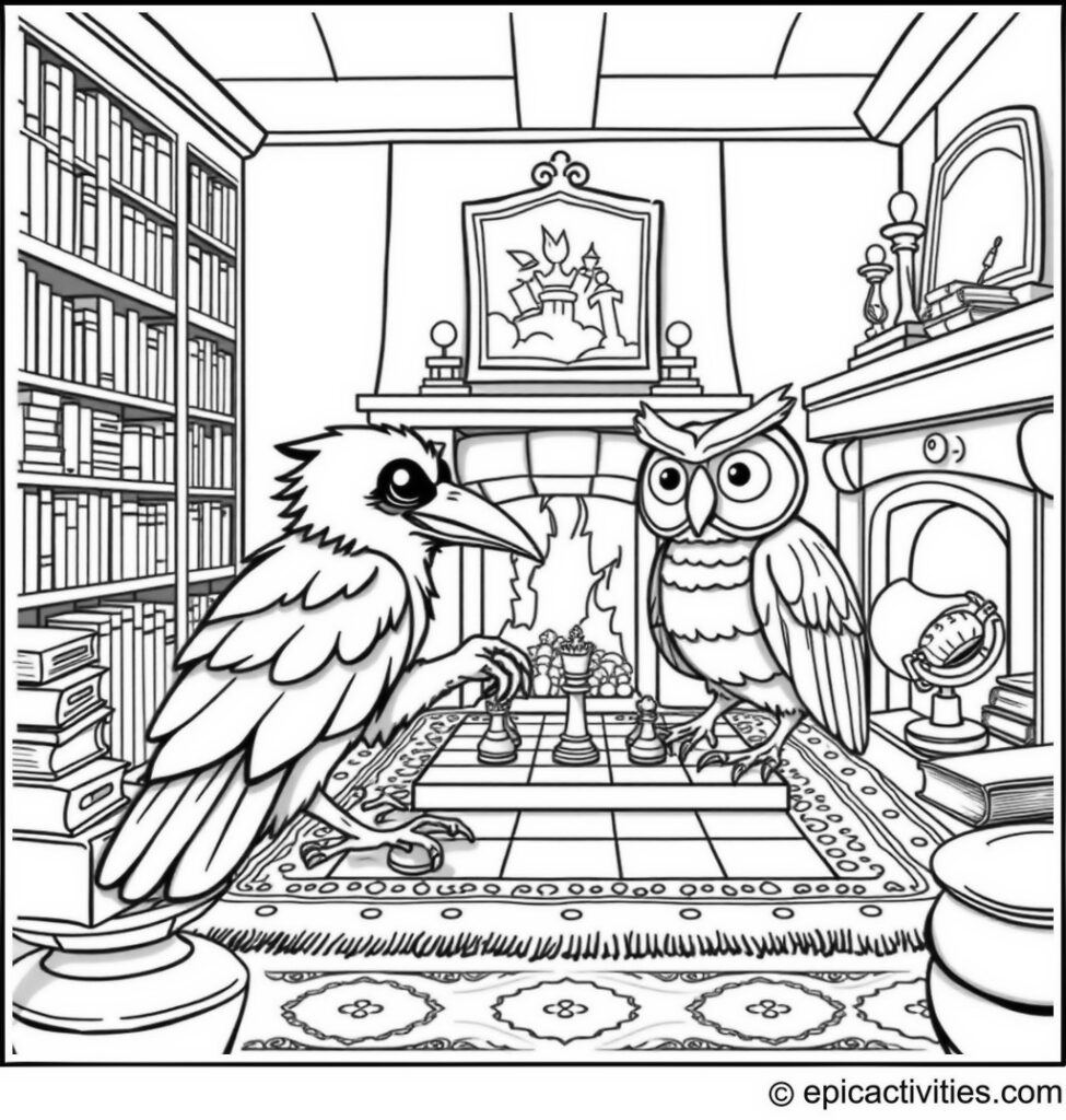 Coloring page of a Raven Playing Chess with an Owl in a Library Scene