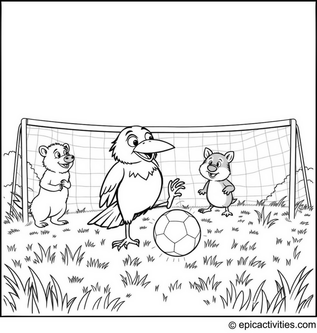 Coloring page of a Raven Playing Soccer with Animal Friends