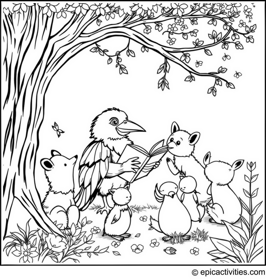 Coloring page of a Raven Reading a Fairy Tale Book