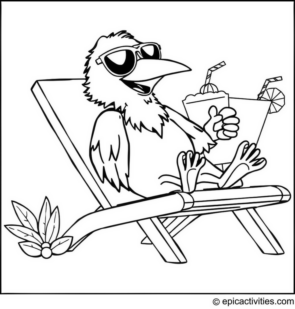 Coloring page of a Raven Relaxing on a Beach Chair