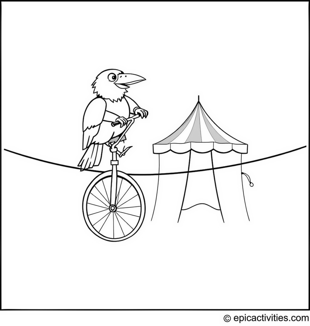 Coloring page of a Raven Riding a Unicycle on a Tightrope