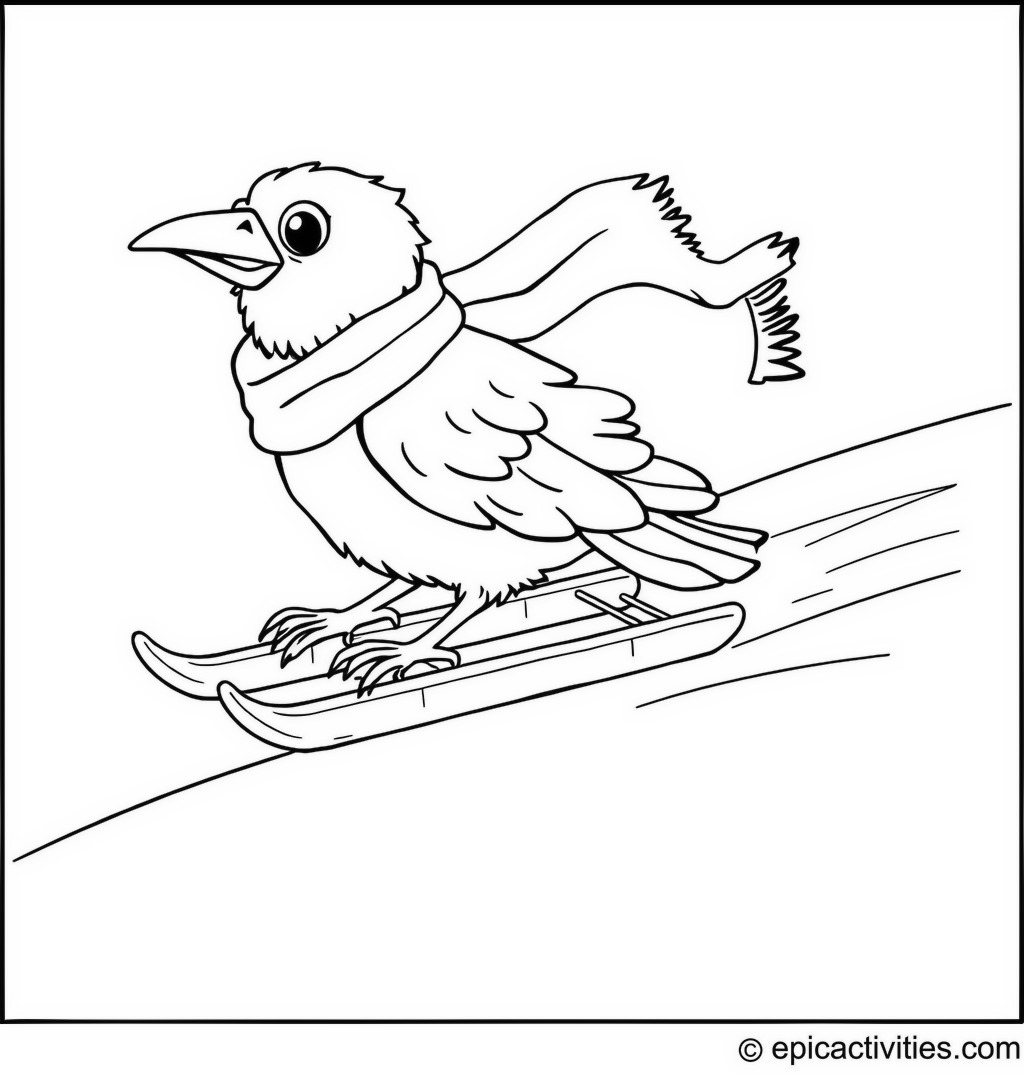 Coloring page of a Raven Sledding Down a Snowy Hill