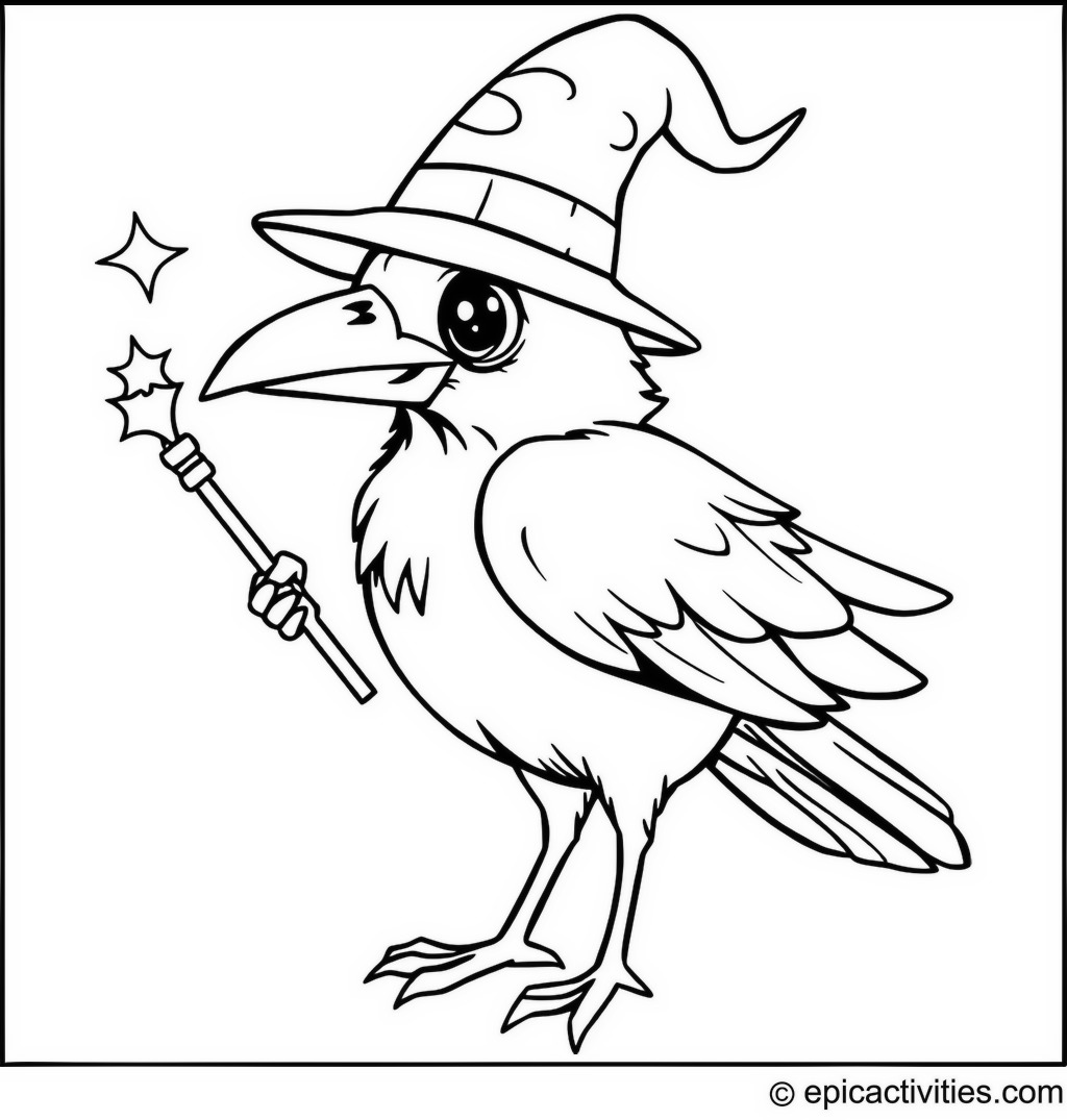 Coloring page of a Raven Wizard: Fun Magical Coloring Fun
