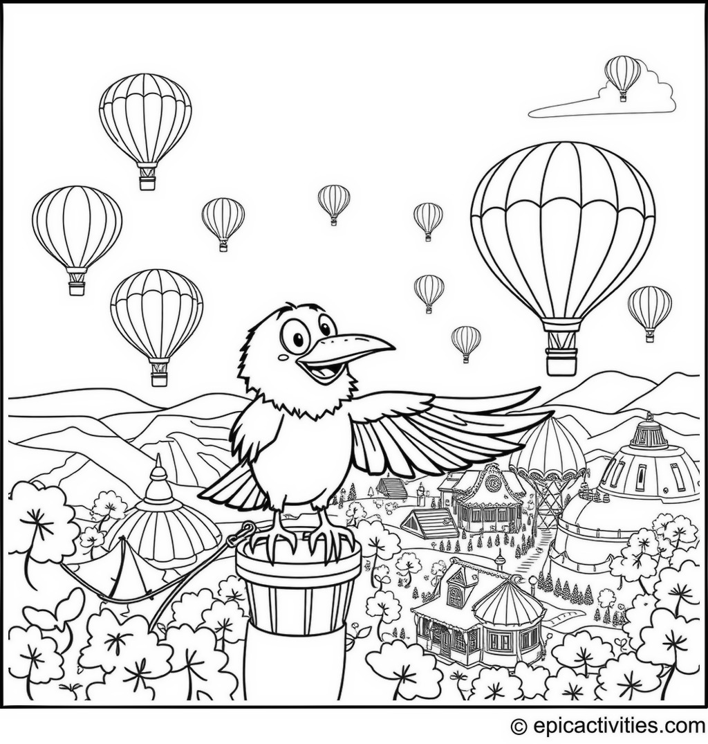Coloring page of a Raven’s Hot Air Balloon Adventure