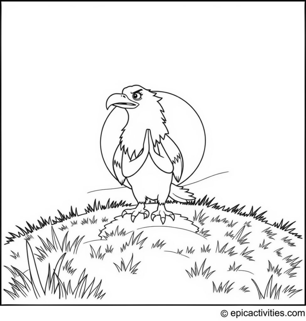 Coloring page of a relaxed cartoon eagle doing yoga on a grassy hill at sunrise