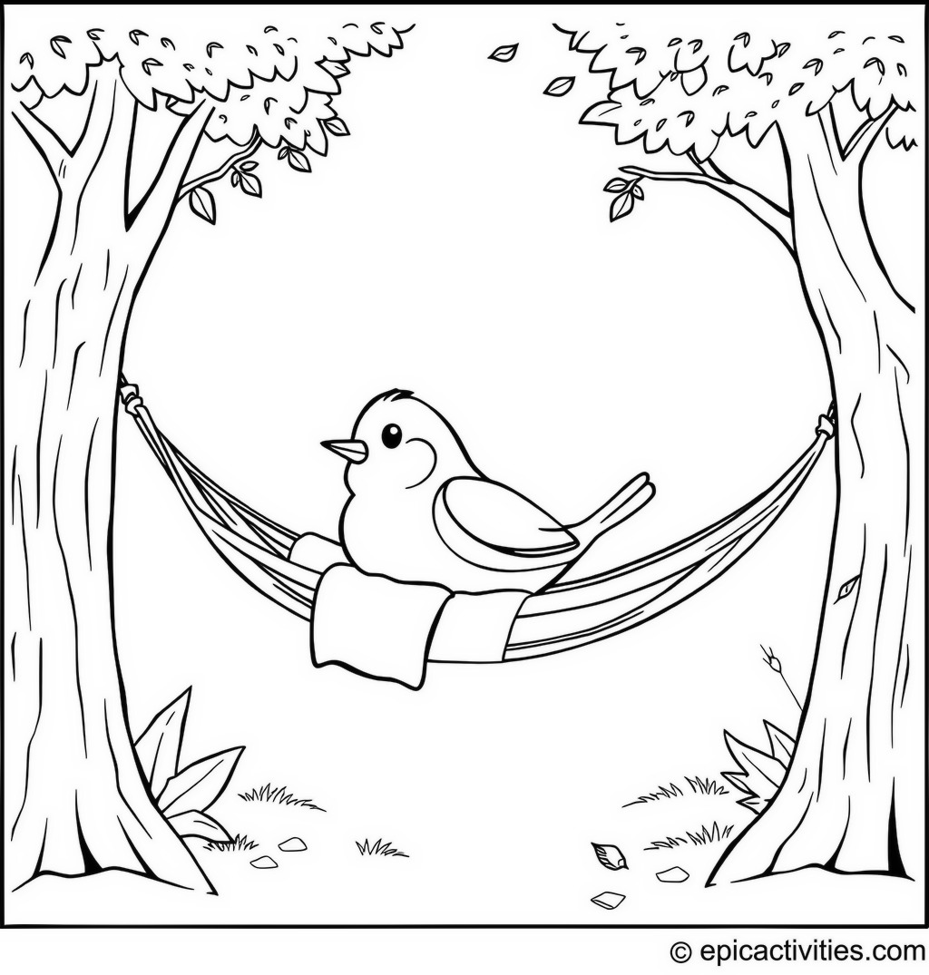 Coloring page of a Relaxing Robin on a Hammock