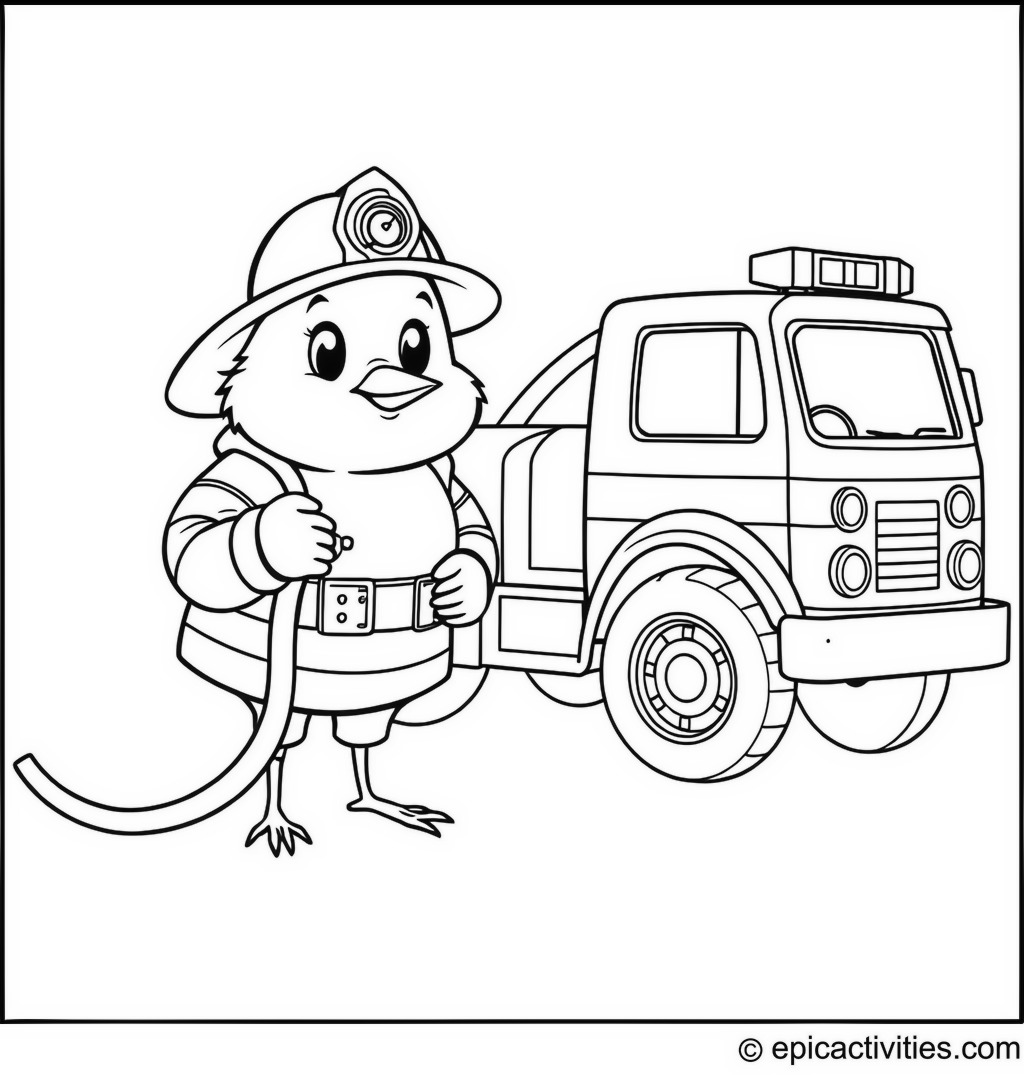 Coloring page of a Robin Firefighter with a Toy Firetruck