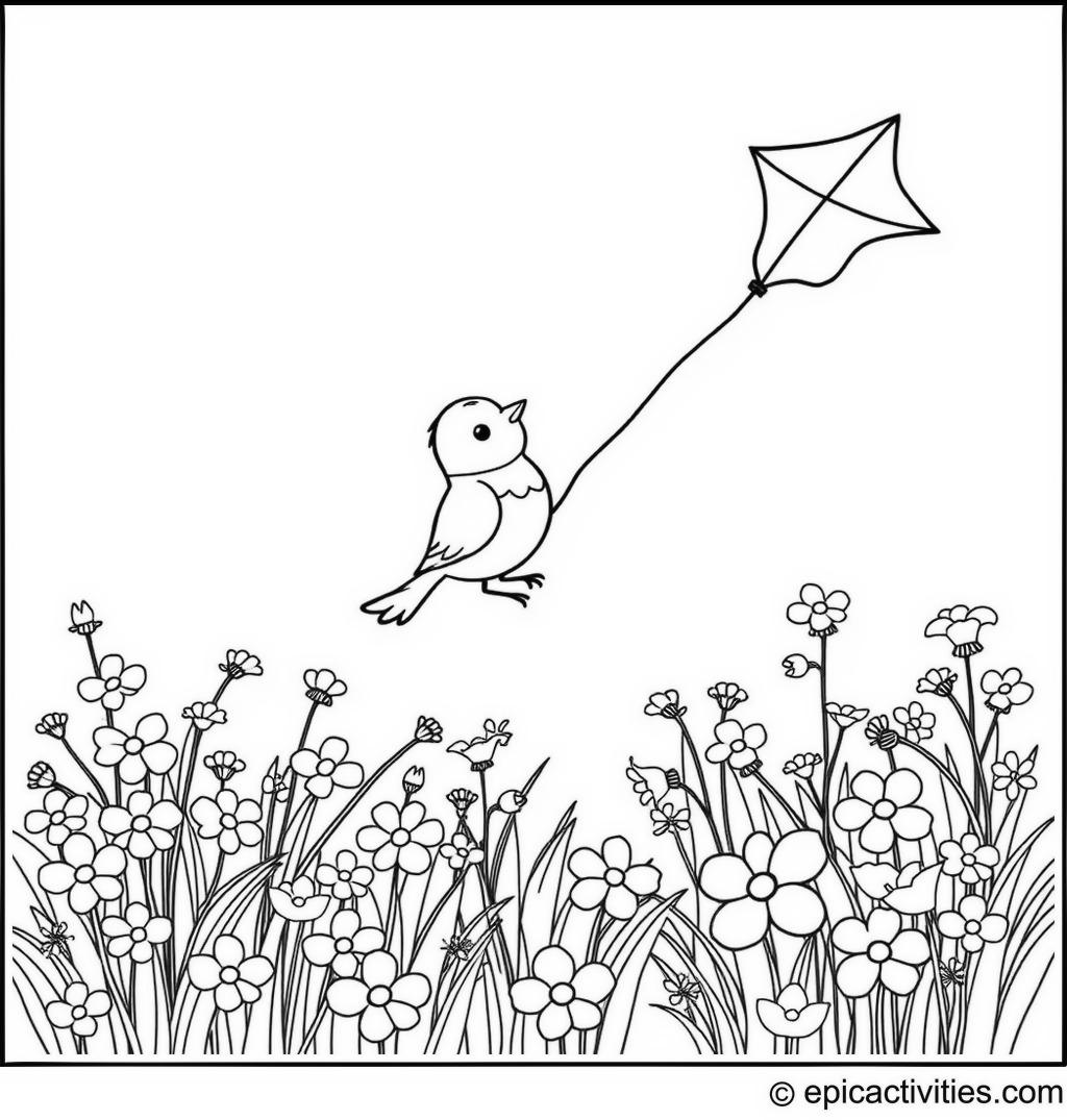 Coloring page of a Robin Flying a Star Kite in a Meadow