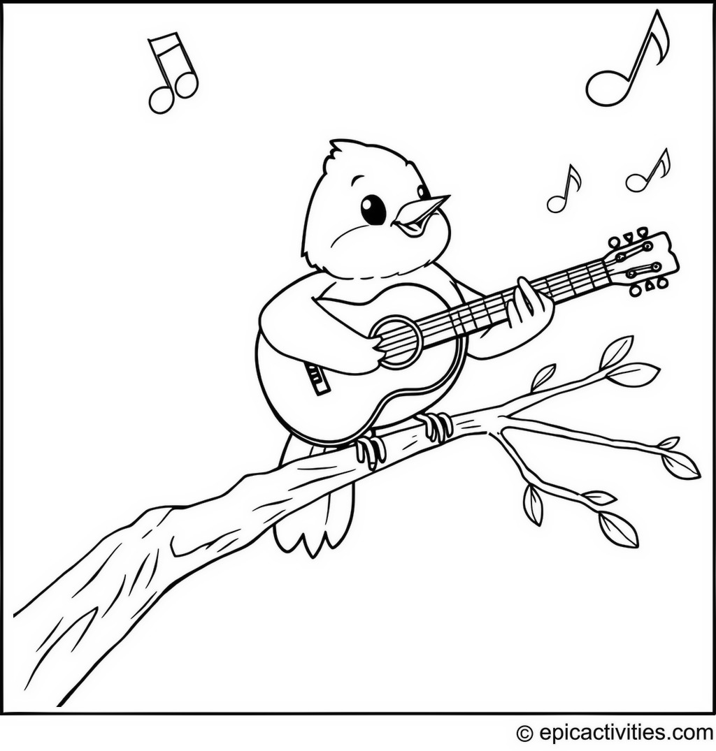 Coloring page of a Robin Playing Guitar on a Branch