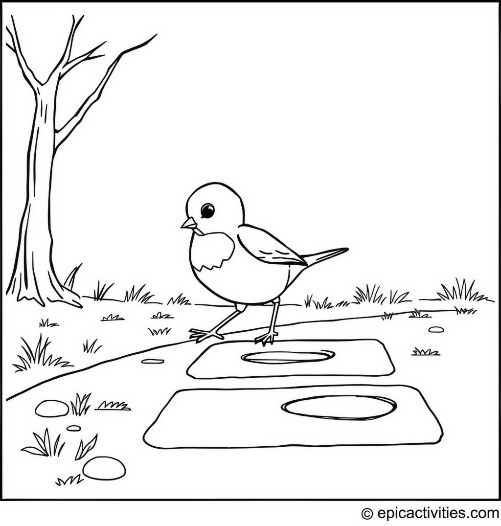 Coloring page of a Robin Playing Hopscotch