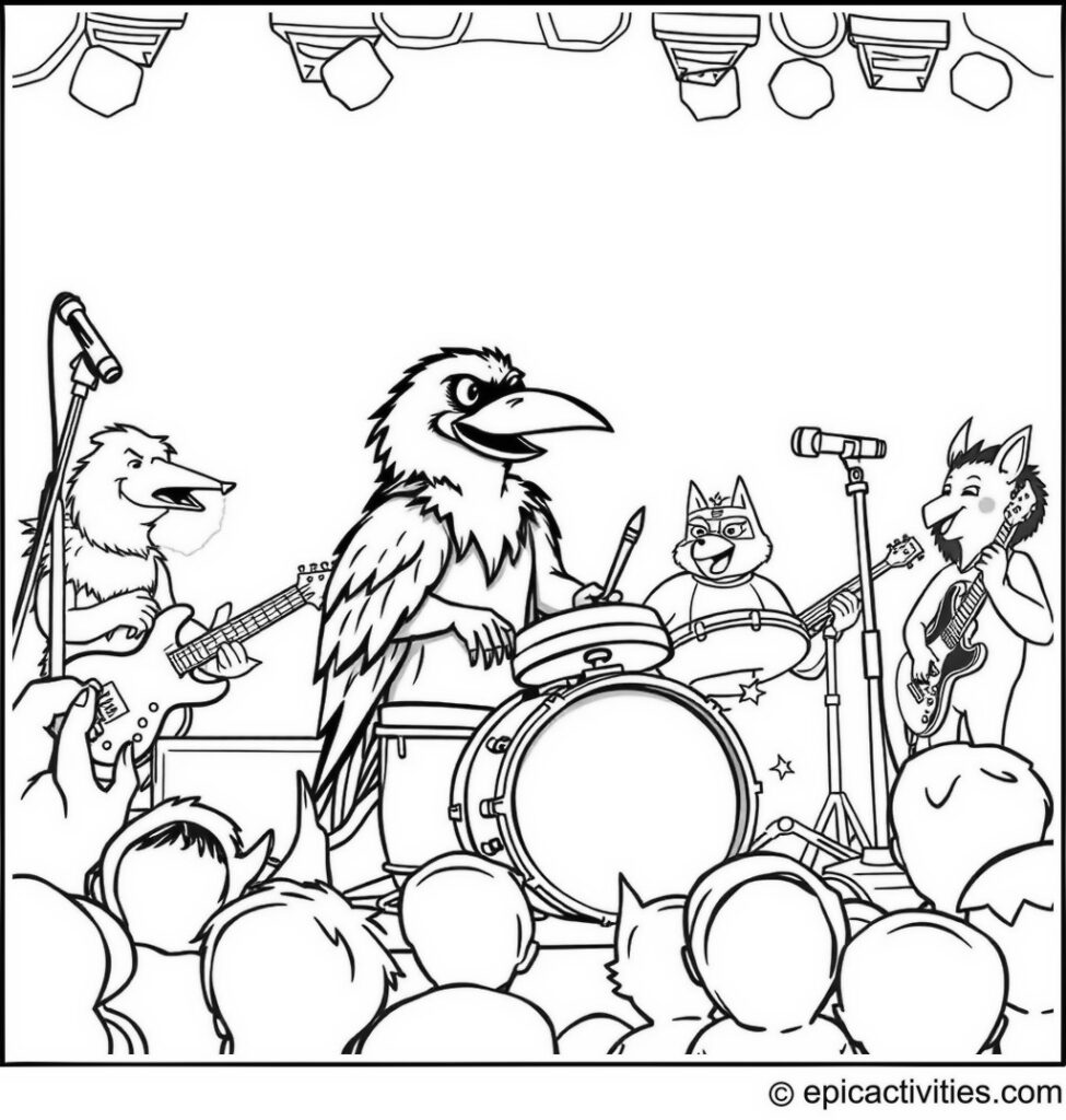 Coloring page of a Rockin' Raven Drummer and Animal Band