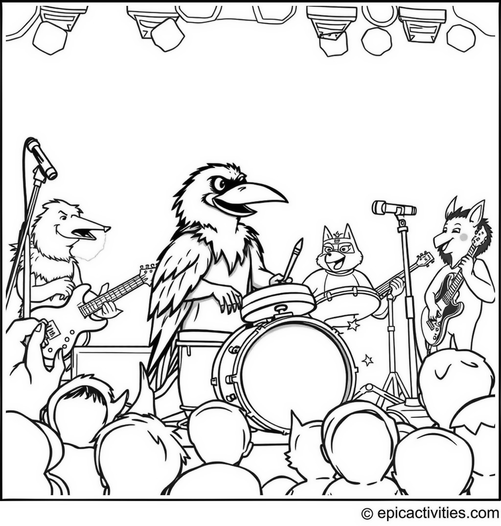 Coloring page of a Rockin’ Raven Drummer and Animal Band