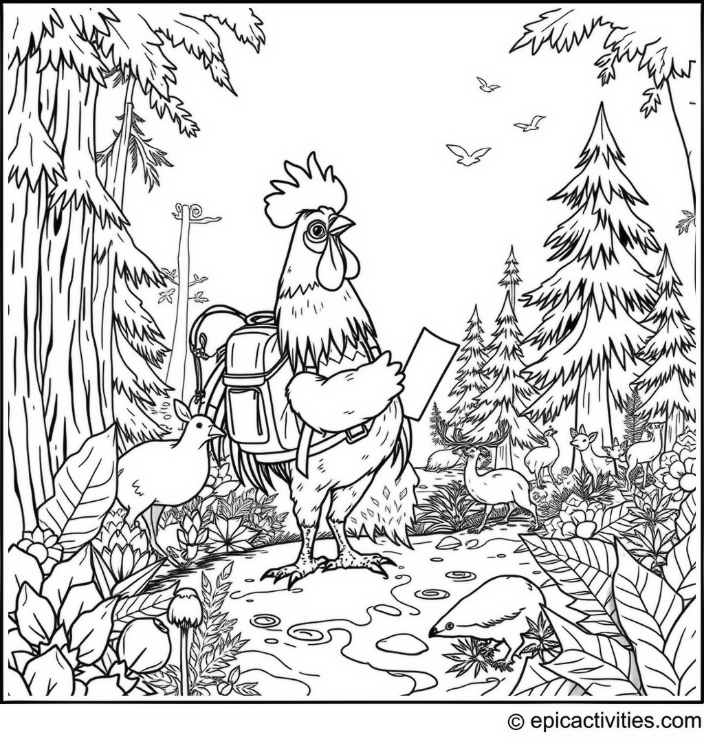 Coloring page of a Rooster Adventurer in the Enchanted Forest