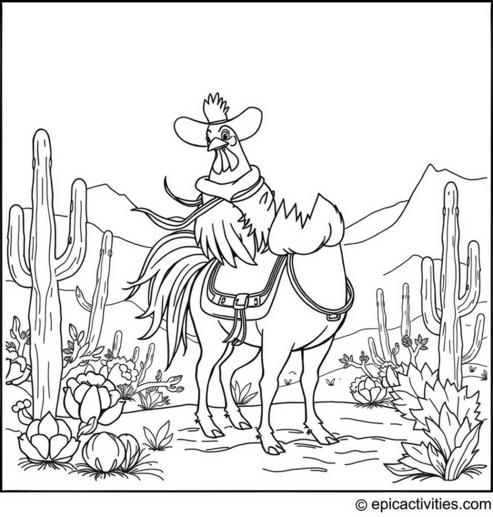 Coloring page of a Rooster Cowboy Riding a Horse in the Wild West