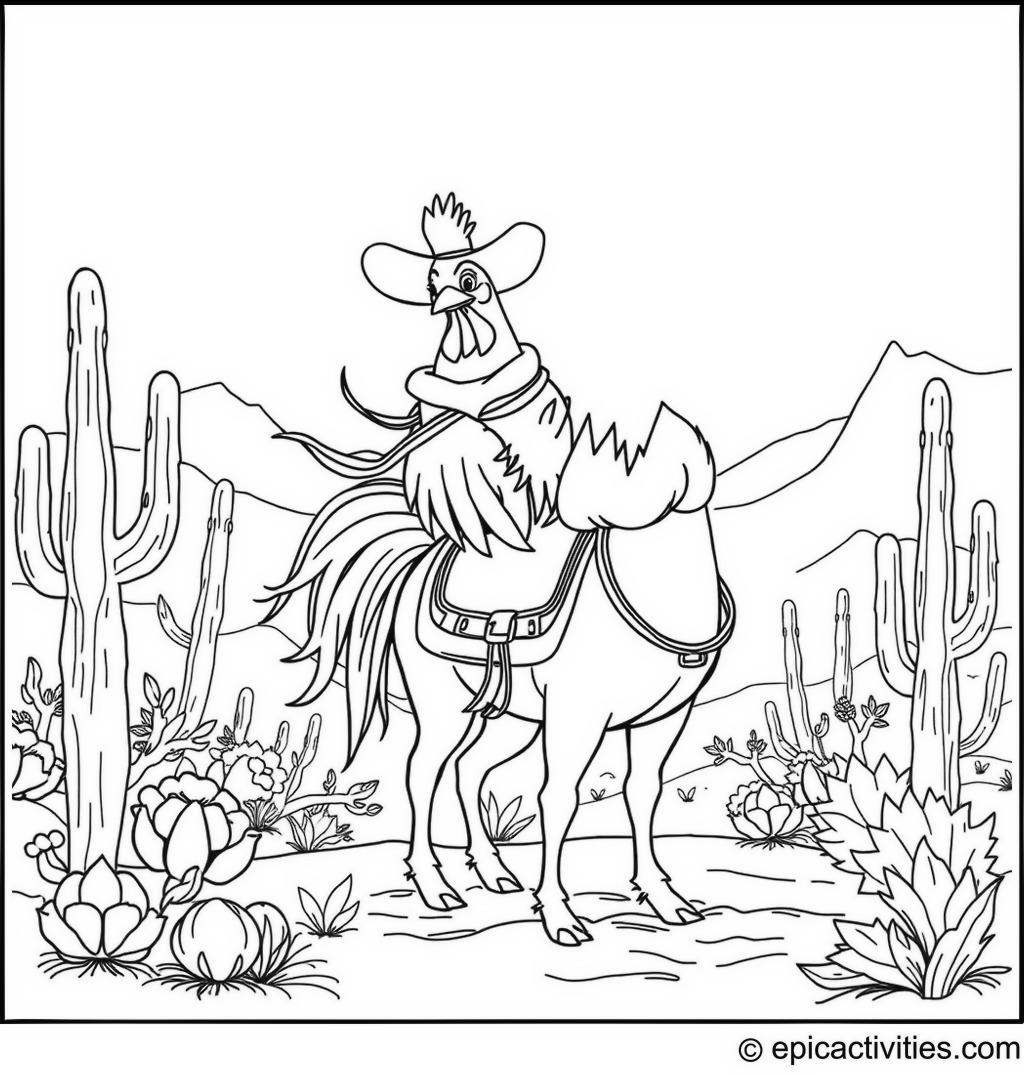 Coloring page of a Rooster Cowboy Riding a Horse in the Wild West