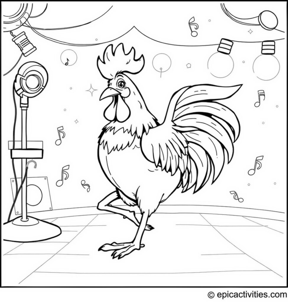 Coloring page of a rooster dancing at a disco