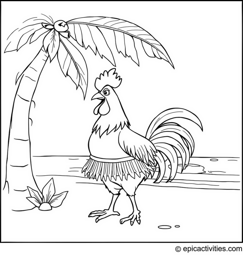Coloring page of a Rooster Dancing Hula Under a Palm Tree