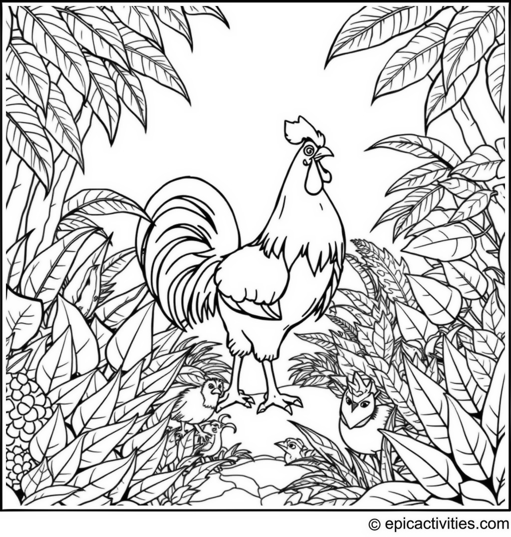 Coloring page of a Rooster Exploring a Jungle