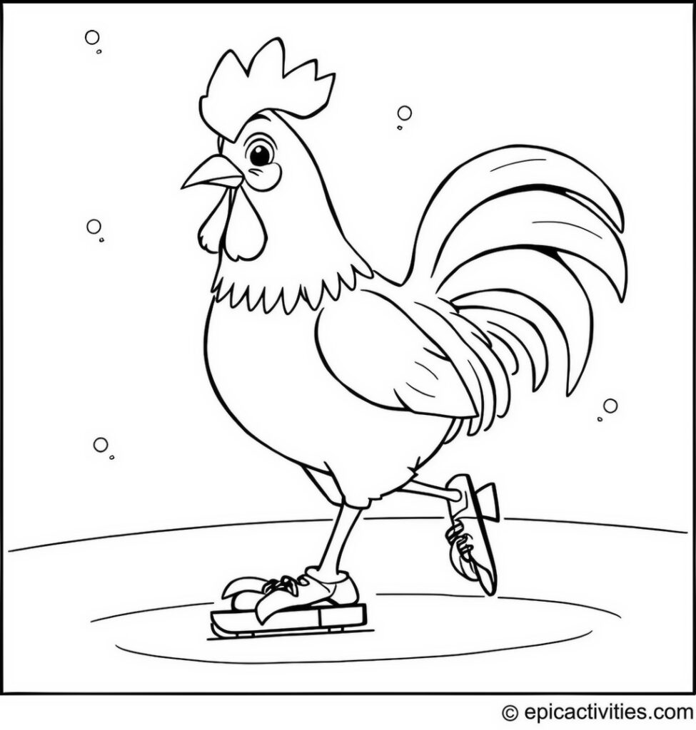 Coloring page of a Rooster Ice Skating in the Snow