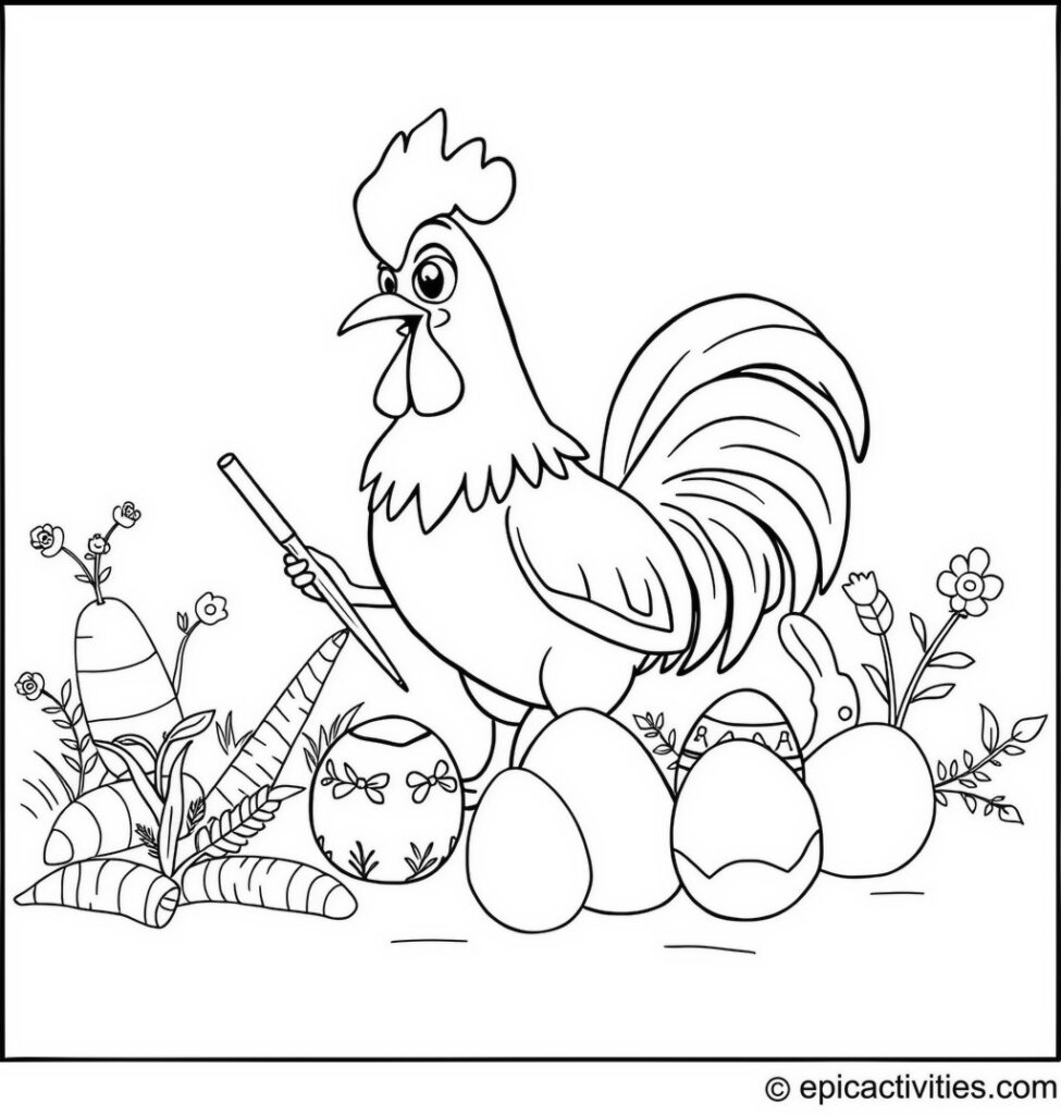 Coloring page of a Rooster Painting Easter Eggs with a Carrot and Bunny Background