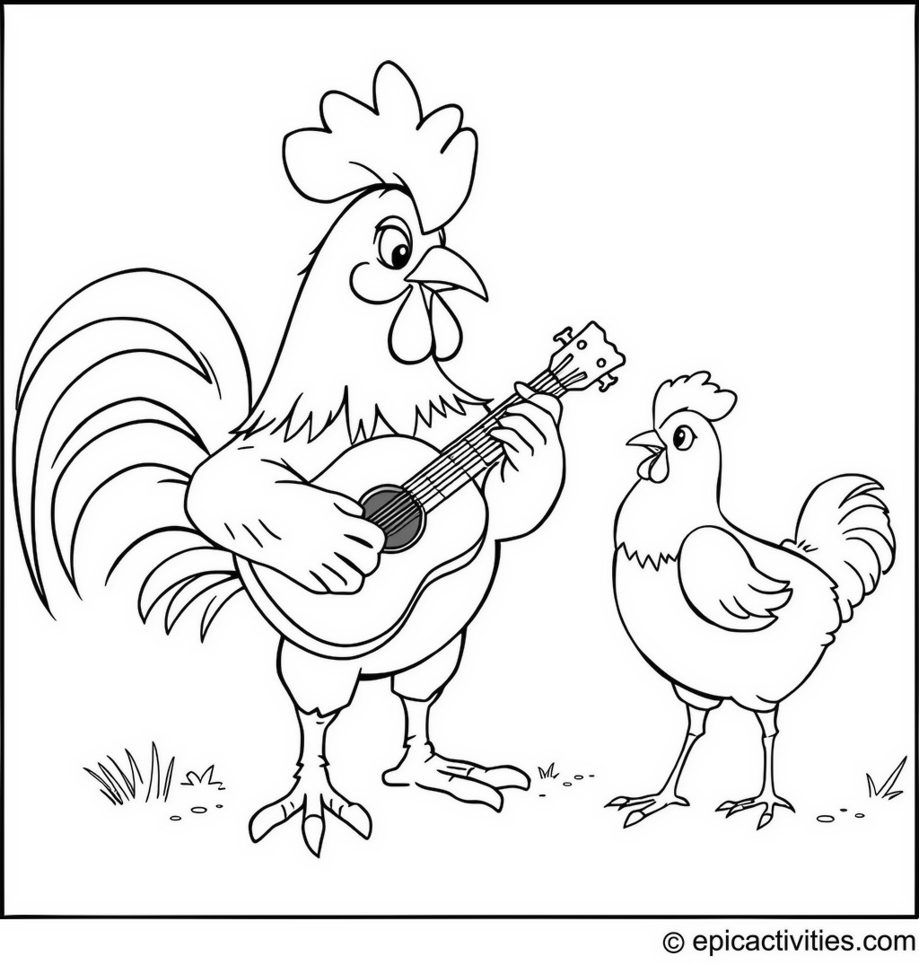 Coloring page of a Rooster Playing Guitar and Serenading a Chicken