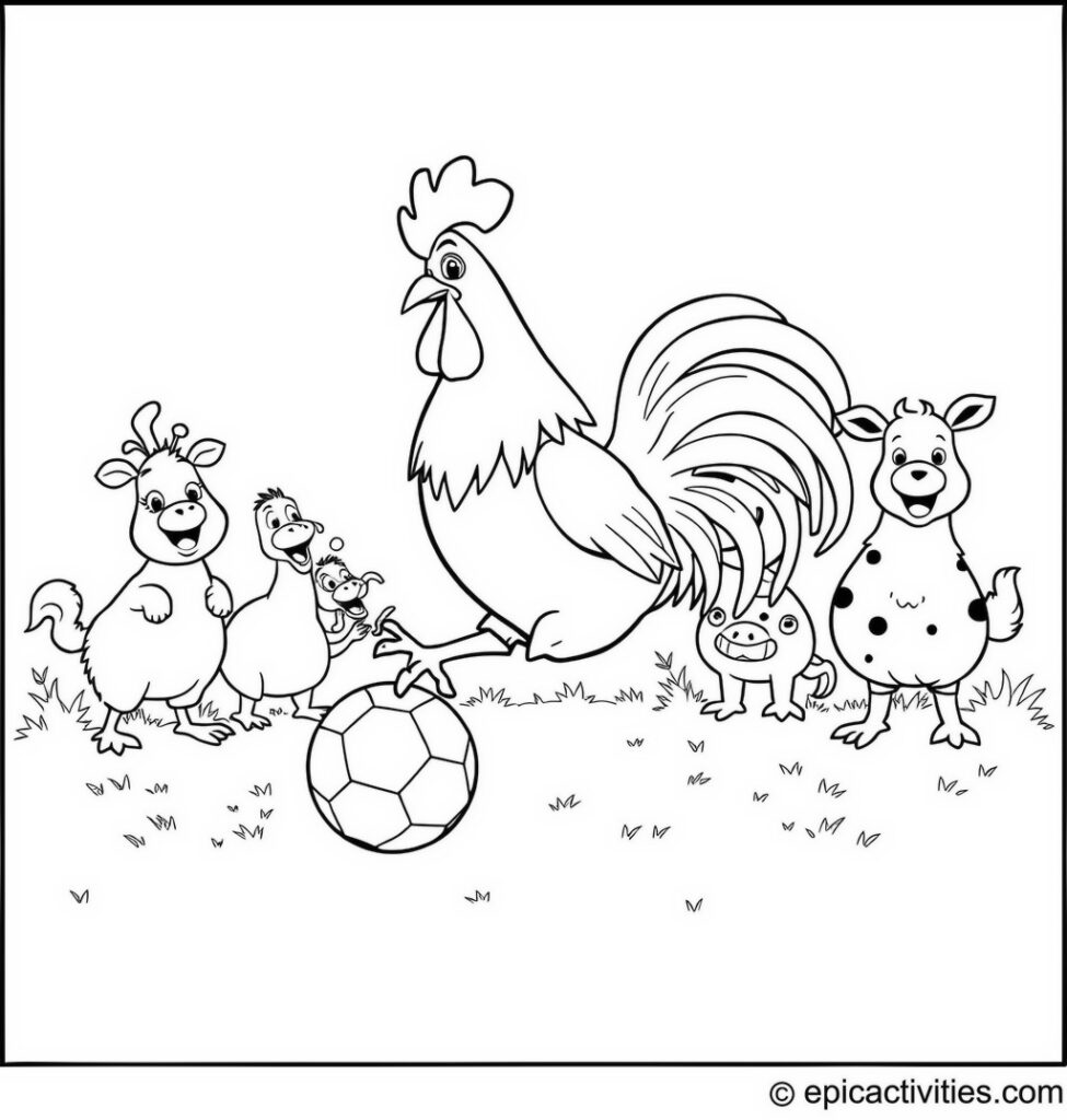 Coloring page of a Rooster Playing Soccer with Farm Animals