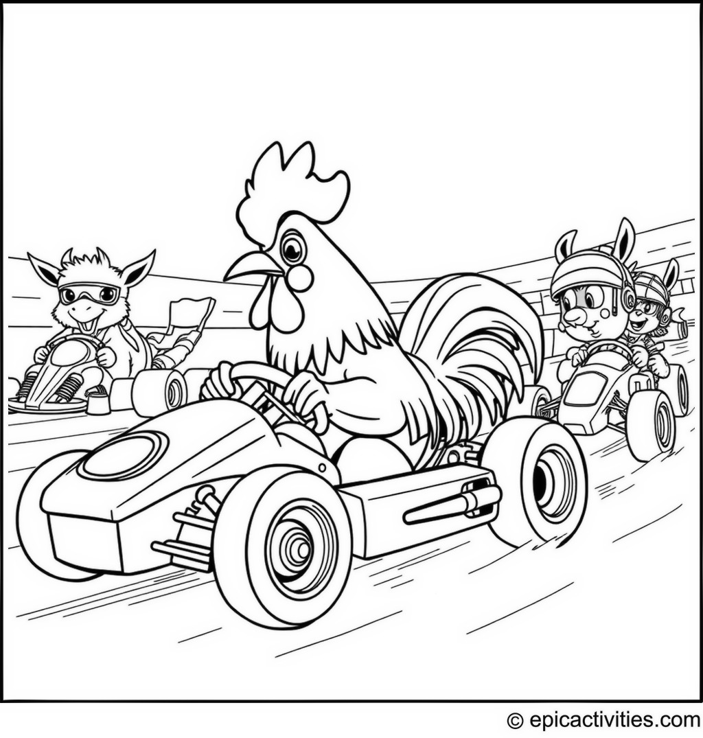 Coloring page of a Rooster Racecar Driver on a Race Track with Racing Animals