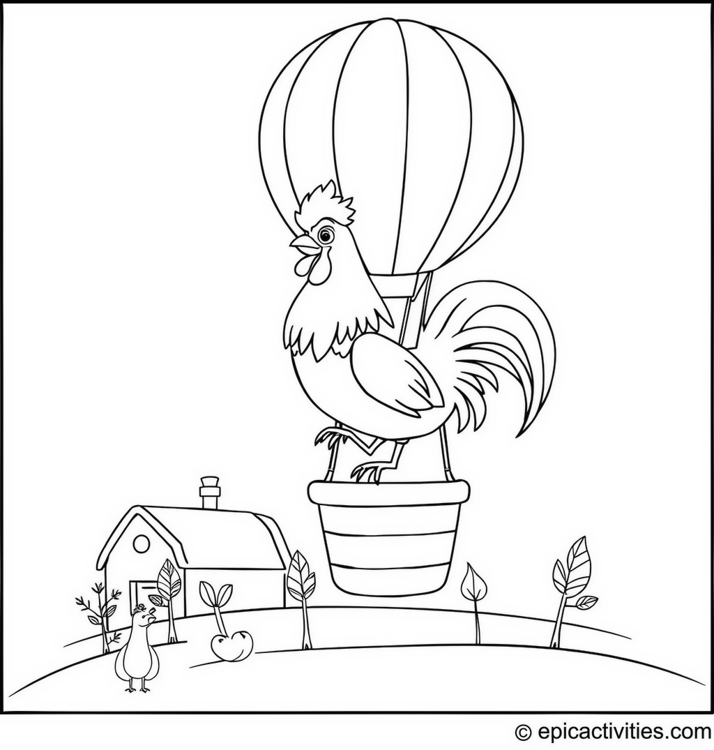 Coloring page of a Rooster Riding a Hot Air Balloon Over a Farm