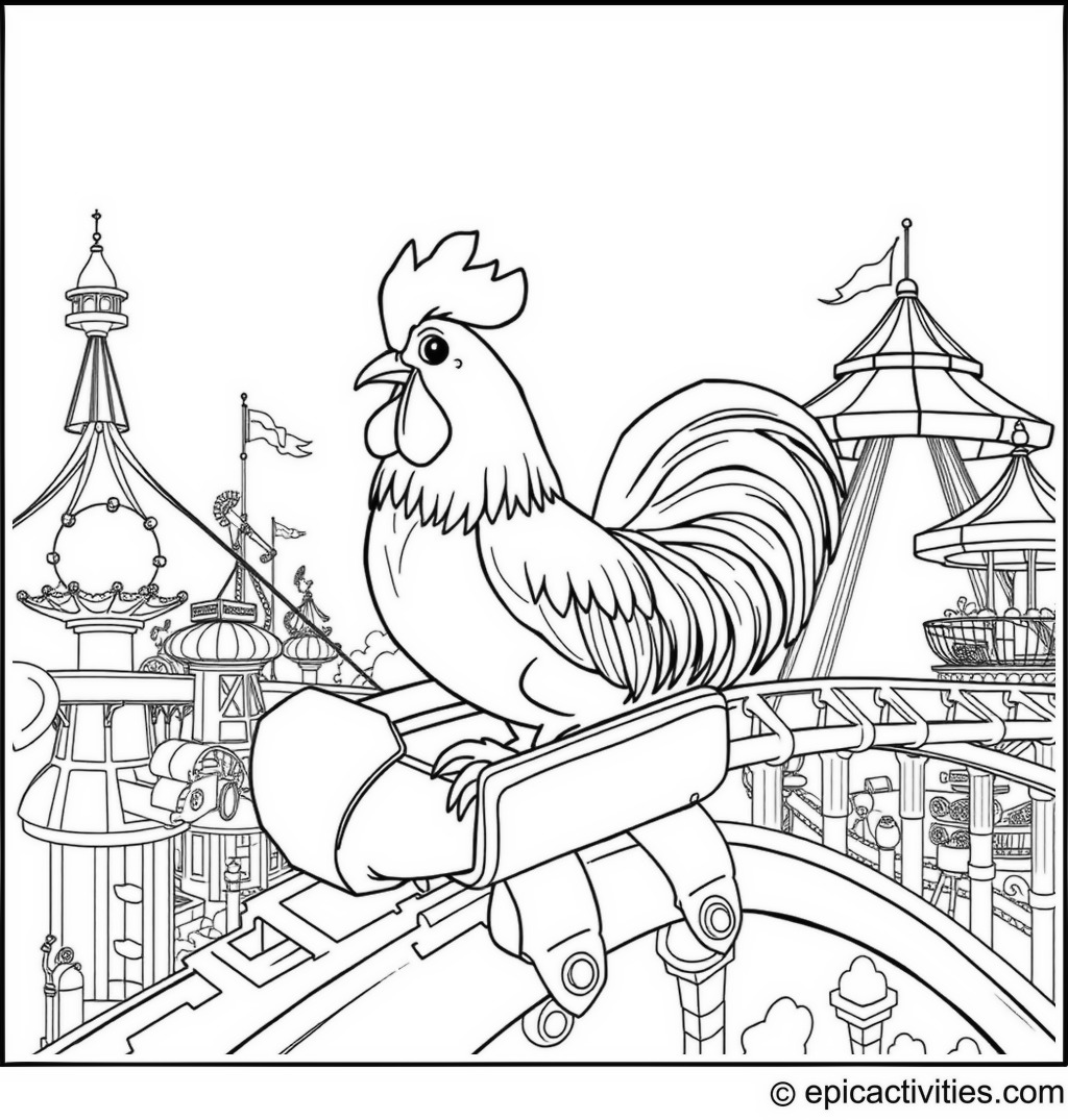 Coloring page of a Rooster Riding a Roller Coaster in an Amusement Park with Various Rides