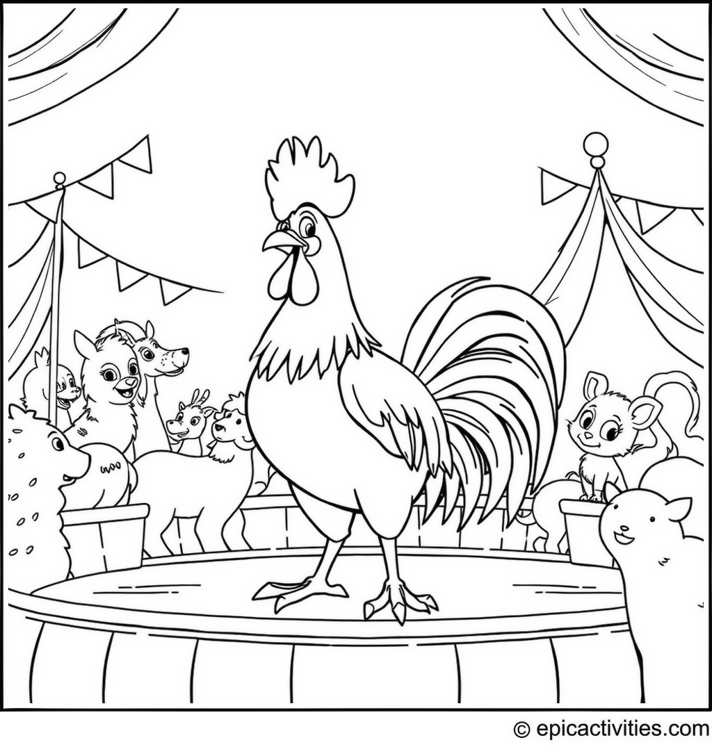 Coloring page of a Rooster Ringmaster in a Playful Animal Circus