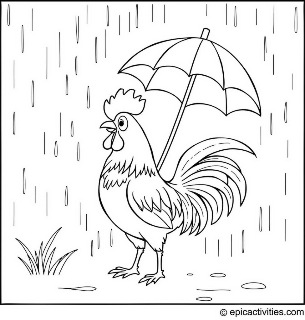 Coloring page of a Rooster with Umbrella in the Rain