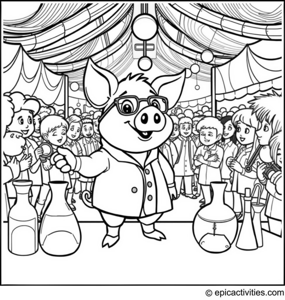 Coloring page of a Science Fair with a Pig Demonstrating Experiments
